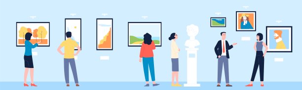 画廊里的人。文化男人女人看图片在博物馆。参观艺术家展览、绘画博览会。游客最近在展览现场矢量图片下载