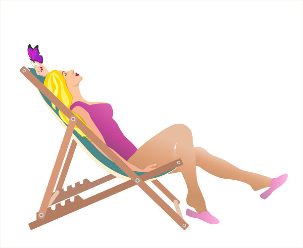 坐在躺椅上的女孩背景是白色的。穿着粉色泳装的金发女子躺在一张晒日光浴的躺椅上。矢量图图片下载