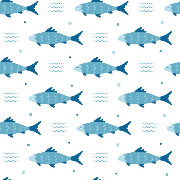 卡通鱼无缝图案的蓝色。海洋生物主题背景。海洋，野生动物或小动物墙纸。图片下载