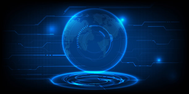 矢量插图未来全息图地球漂浮在蓝色霓虹灯基座。图片下载