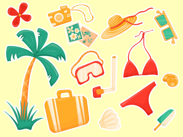 一套夏天的元素与手掌和泳衣图片下载