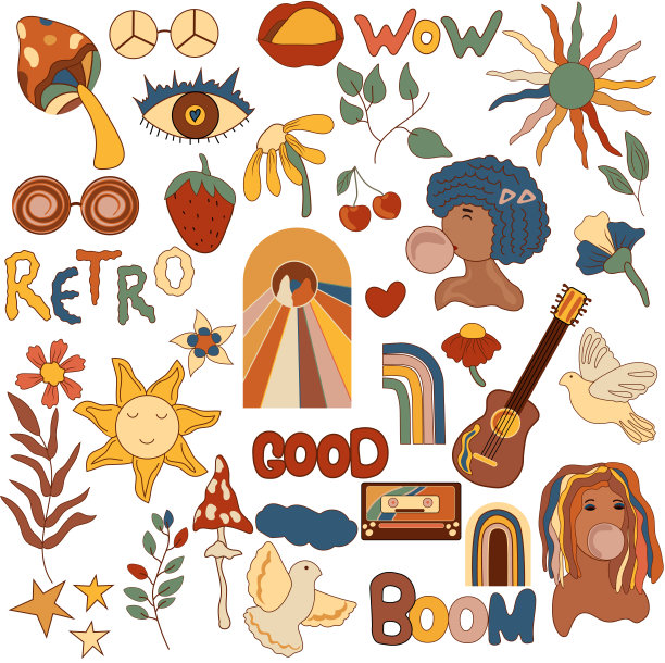 70年代的时髦元素，五彩缤纷的女孩，太阳，花朵，树叶，蘑菇，鸟，复古的彩虹和字母。复古嬉皮风格。矢量插图。图片下载