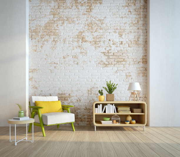 模拟现代风格的房间，扶手椅，橱柜和旧砖墙背景。三维渲染图片下载