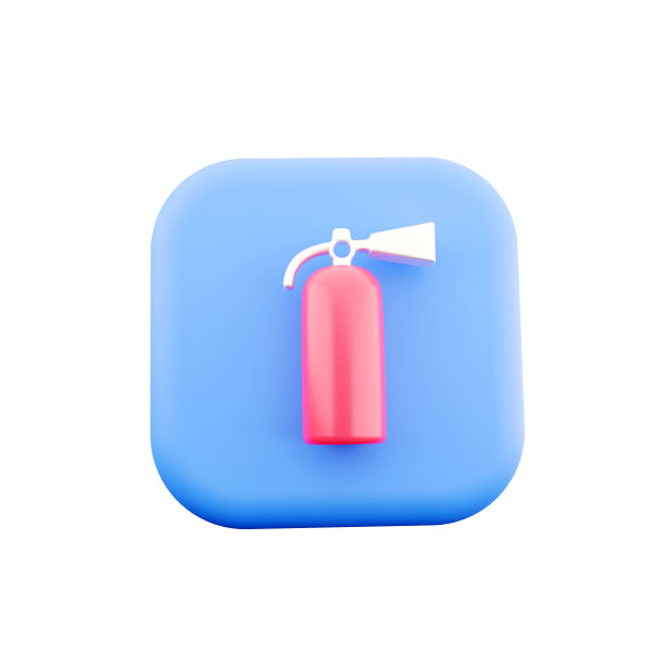 3D渲染红色灭火器图标孤立在白色背景。蓝色按钮上的红色灭火器图标3D渲染。3d红色灭火器图标图片下载