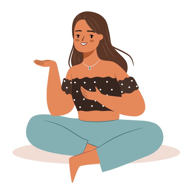 快乐的女孩指着什么东西。快乐的年轻女子坐着图片下载