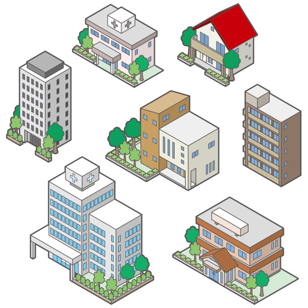 各种建筑物的三维形状的插图。图片下载
