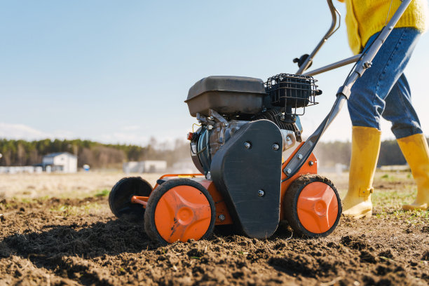 女村民正在用曝气机对草坪或草甸进行划伤和曝气图片下载