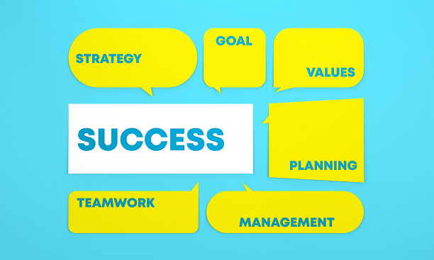 “成功”一词及相关词汇在蓝色背景的语音气泡中。图片下载