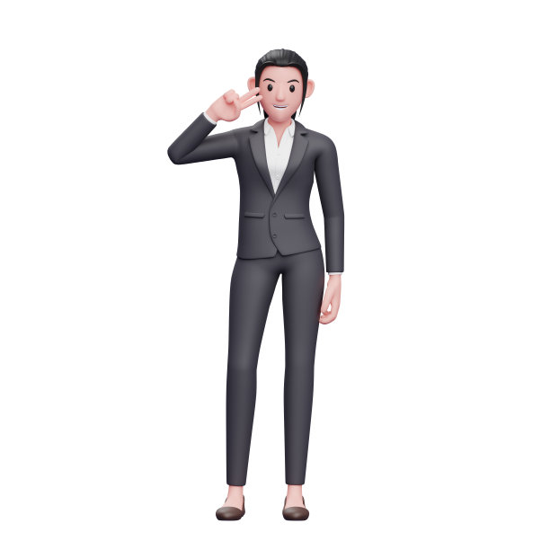 商业女性摆出和平的手指在脸颊，3D渲染商业女性人物插图图片下载