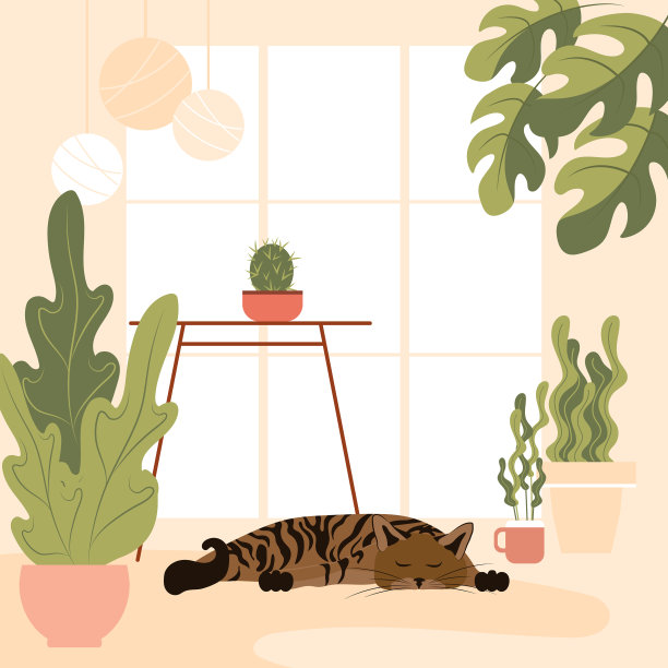 虎斑猫睡在有室内植物的家里图片下载