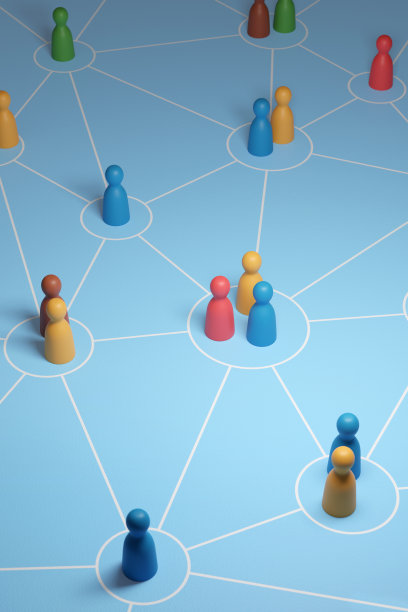 相互连接的圆圈上的木制棋子。相互关系的概念。3 d演示。图片下载