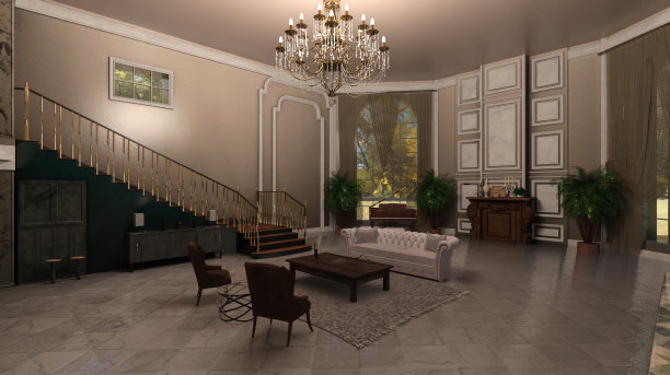 大厅大门厅，配有壁炉和钢琴3d插图图片下载