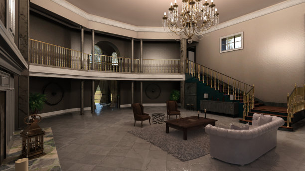 大厅大门厅，配有壁炉和钢琴3d插图图片下载
