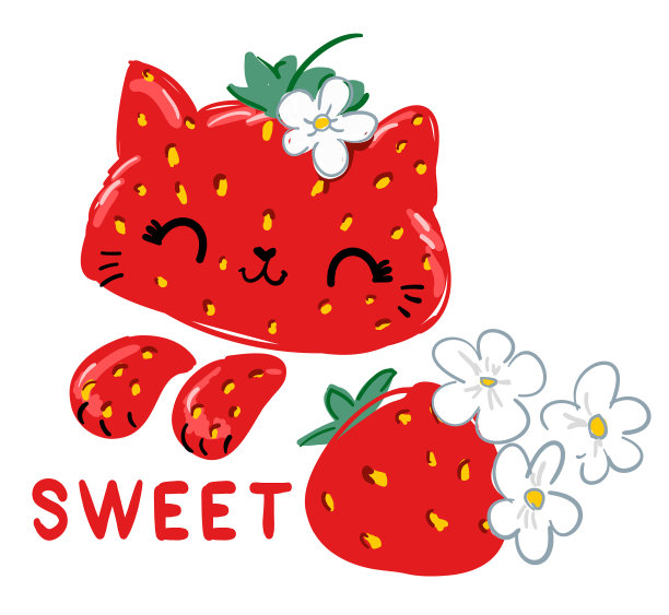 可爱的猫草莓和花卉儿童打印图片下载