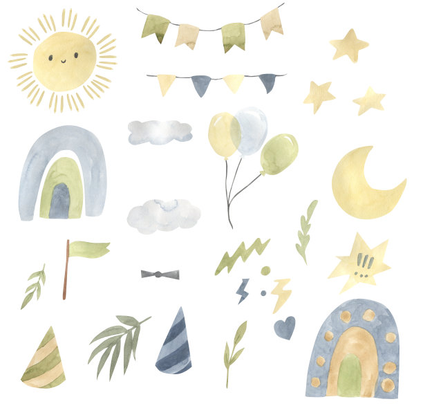 水彩太阳，彩虹，树叶。说明对孩子图片下载