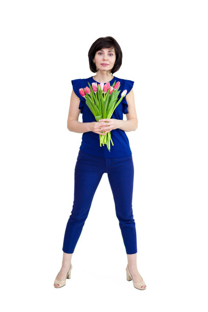 美丽的女人与一束花在白色的背景，孤立图片下载