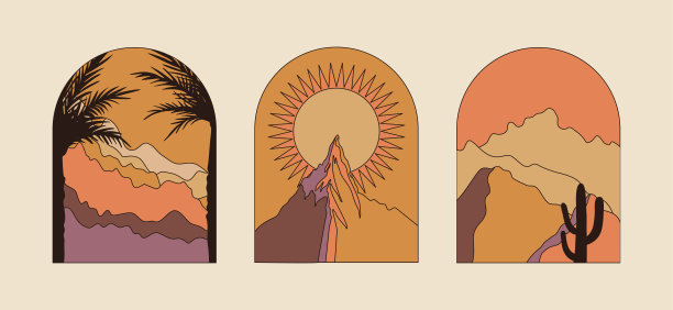 矢量插图在简单的线条风格-波西米亚抽象版画-简单的自然景观与山脉和丘陵图片下载