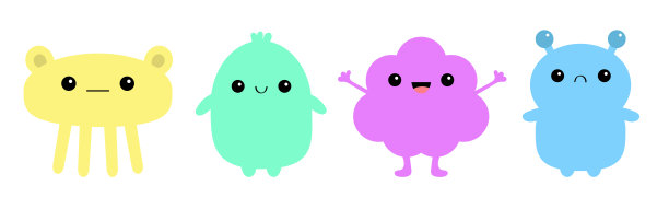 怪物图标设置行横幅。万圣节快乐。可爱可爱的卡通宝宝角色。有趣的脸，头，身体。举起手，角，眼，牙，舌。帕特尔的颜色。平面设计。白色背景。图片下载