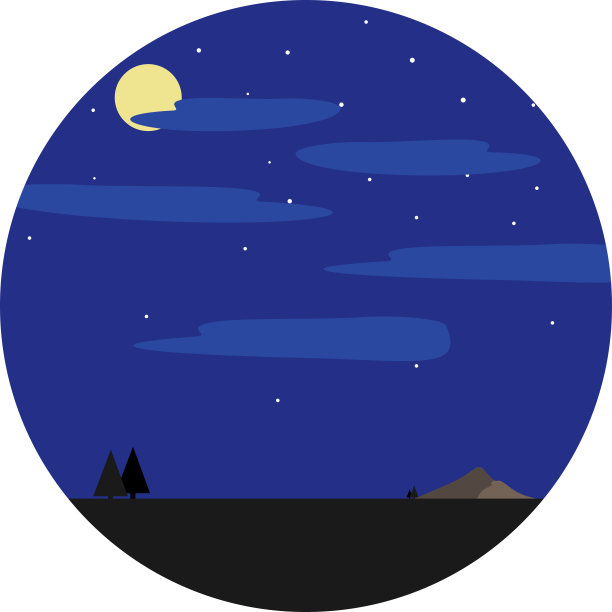 卡通景观。黄昏的夜晚时间与月亮和星星景观。自然野生动物的看法。圆形乡村风景图标在平坦的风格。向量,插图,EPS10图片下载