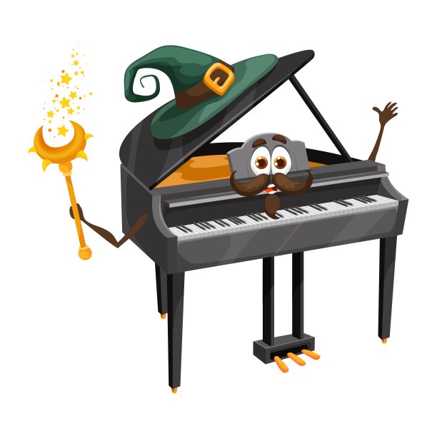 卡通三角钢琴巫师戴着帽子，关键的乐器图片下载