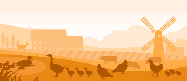 美丽的农场剪影与农田，仓库，风车，鸭，鸡，鹅，山羊，猪和山的背景。矢量插图景观农场与动物在平面风格。图片下载