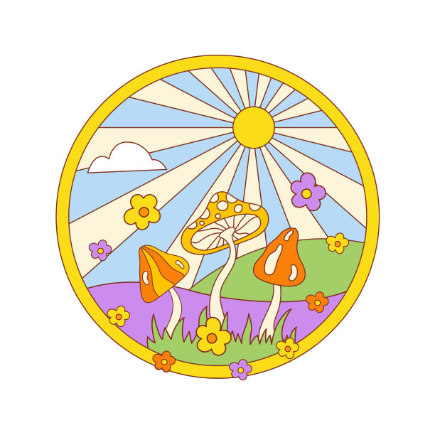 复古嬉皮插图与可爱的groovy花，阳光和蘑菇孤立在白色背景图片下载