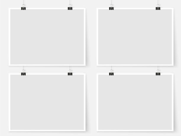海报用活页夹夹在墙上。矩形纸模型设置。现代时尚水平框架为您的设计。矢量模板的图片，绘图，报价海报或照片。图片下载
