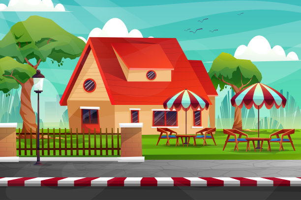 屋子里椅子、桌子和雨伞的场景图片下载