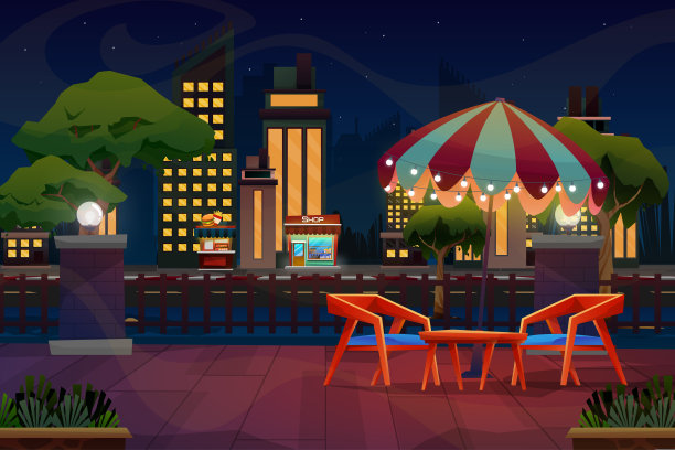 夜景的桌椅与商店在公园图片下载