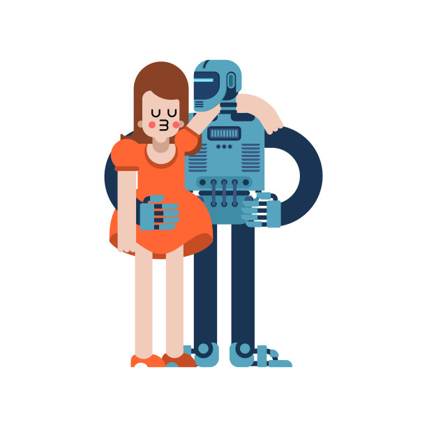 机器人爱好者拥抱。一对可爱的机器人和女孩。浪漫的浪漫关系。爱情与机器人插画图片下载