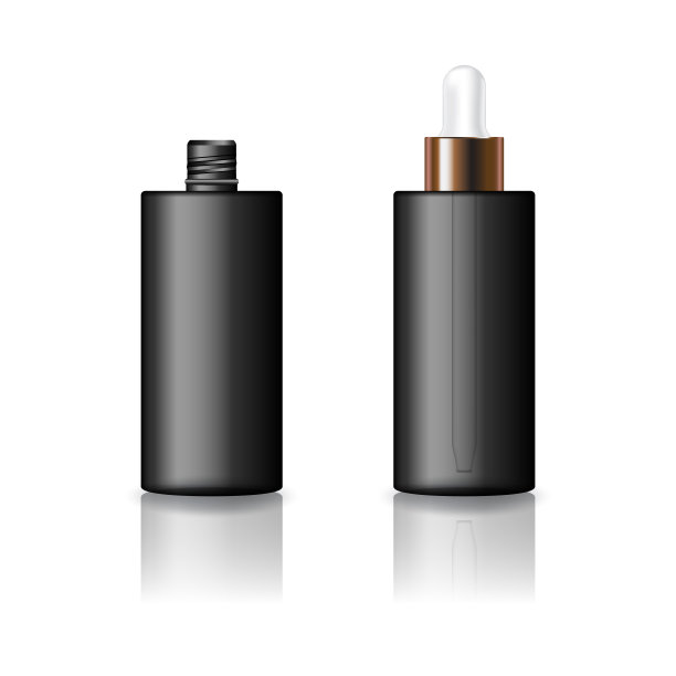 空白黑色圆筒化妆品瓶与白铜滴管盖产品模型模板。图片下载