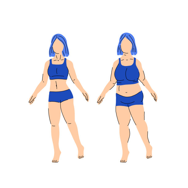 减肥前后，肥胖而苗条的女性。超重，肥胖，减肥，成功，前后。健康的生活方式，运动，饮食。矢量插图在白色背景。图片下载