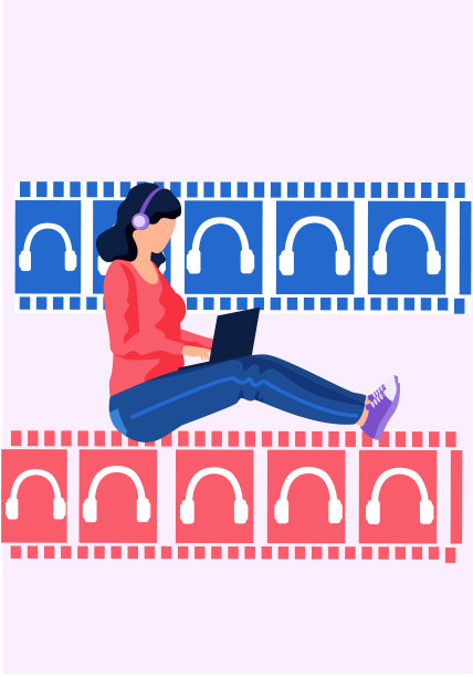 戴着耳机的女人坐在老式胶片上，用笔记本电脑在社交网络上工作图片下载