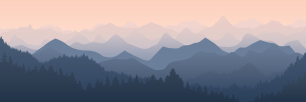 山全景。雾山景观与空中透视效果，清晨日出森林矢量背景插图图片下载