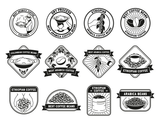 咖啡农场徽章。埃塞俄比亚阿拉比卡咖啡豆，手工采摘和农民矢量标签集图片下载