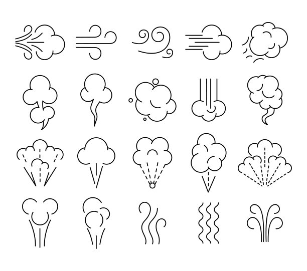 气味图标。风的流动，呼吸的香气和扑云的线条艺术符号。吸烟和呼吸矢量插图设置图片下载