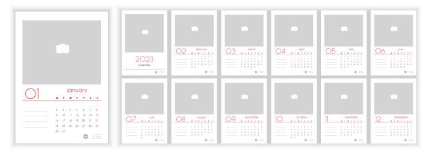 墙每月照片日历2023。简单每月垂直照片日历布局2023年英文。封面，12个月的模板。一周从周一开始。矢量图图片下载