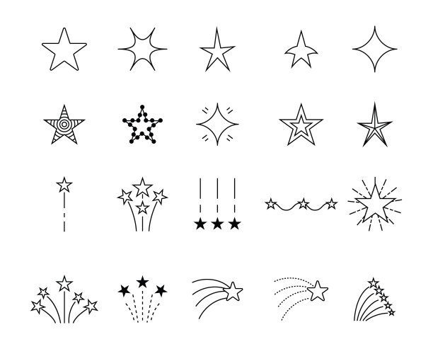 星星和烟花收藏矢量，黑色线条艺术，彩虹大集孤立，星星图标平面风格。矢量图图片下载