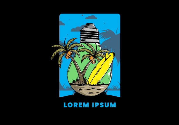 椰子树和冲浪板在一个灯泡插图图片下载