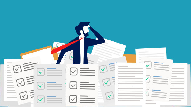 一堆文件里的商人。工作太努力了。业务概念矢量说明图片下载