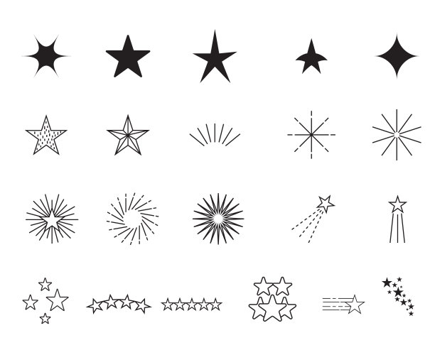 星星和烟花收藏矢量，黑色线条艺术，彩虹大集孤立，星星图标平面风格。向量illustrationPrint图片下载