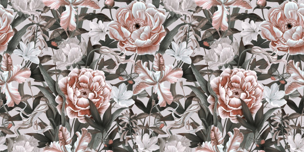 复古花卉图案与牡丹，郁金香，花蕾，花，蝴蝶图片下载