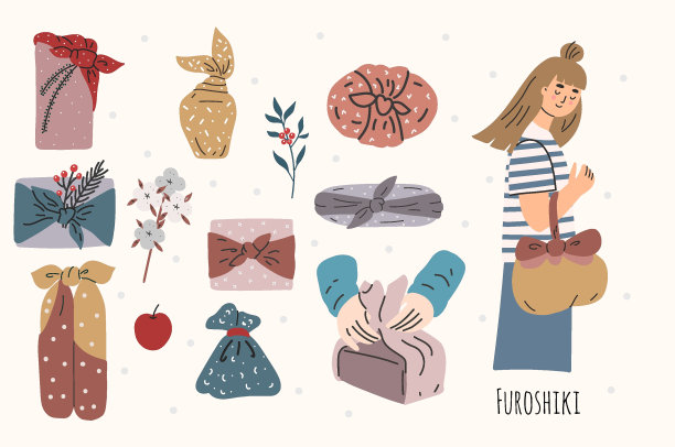 一套furroshiki环保礼品包装。图片下载