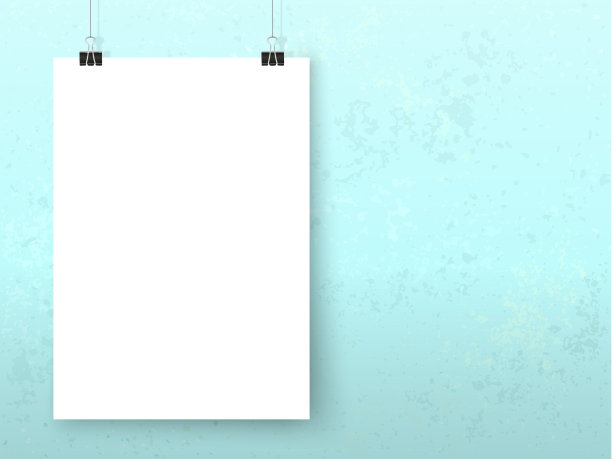 用活页夹夹海报贴在蓝色垃圾墙上。纸模型集。现代时尚的框架为您的设计。向量模板的图片，绘画，绘图，报价海报或照片。图片下载