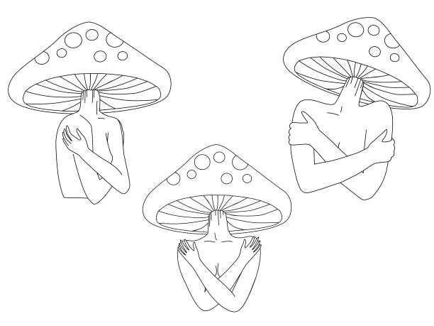 一组神奇的蘑菇头女孩。迷幻幻觉。70年代嬉皮黑白纹身艺术。图片下载