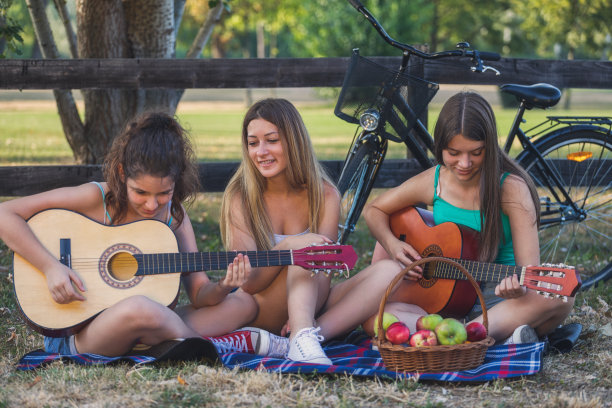 朋友们在日落时分一起野餐图片下载