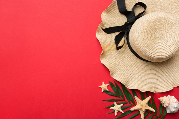 暑假。夏天的概念与草帽和热带树叶。平铺，俯视图，拷贝空间图片下载
