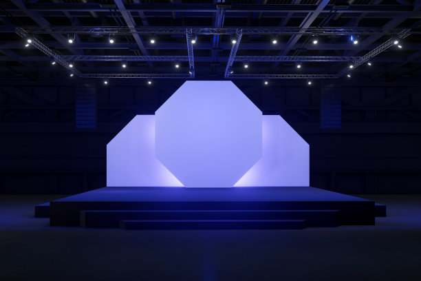 空舞台设计模型和企业形象，展示。大厅的平台元素。图形资源的黑屏系统。现场活动led夜灯登台。3d背景onlineEvent，会议，现场。3渲染。图片下载