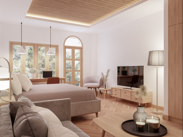 现代复古风格的卧室装修理念与自然景观3d渲染图片下载