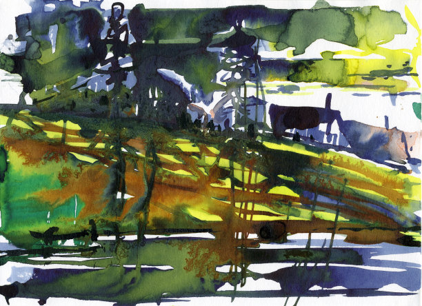 河边的村庄。渔村。水彩。图片下载